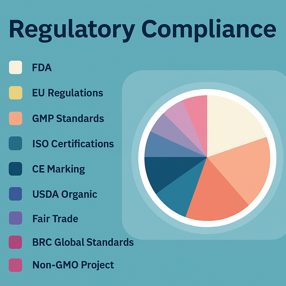 Infographic titled "Regulatory Compliance" showing a color-coded pie chart and a legend of nine compliance standards, including FDA, EU Regulations, GMP Standards, ISO Certifications, CE Marking, USDA Organic, Fair Trade, BRC Global Standards, and Non-GMO Project, all set on a teal gradient background.
