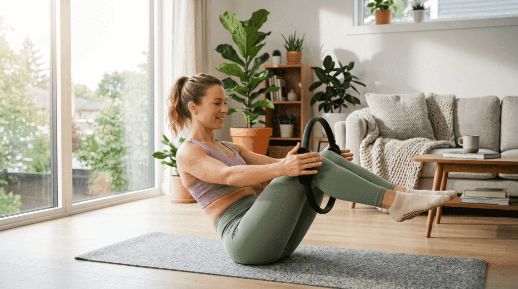 Woman doing a Pilates ring exercise on a mat in a bright living room.