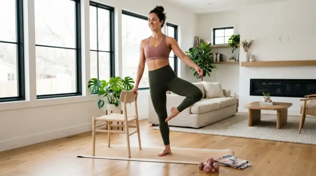 Woman practicing barre in a light-filled living room.