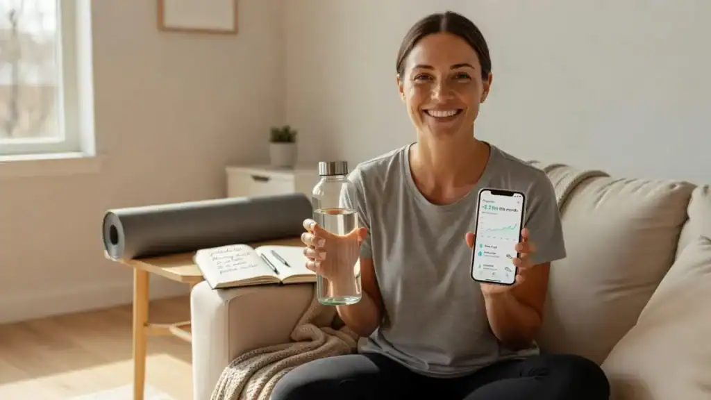 Woman sits on a sofa with a water bottle and fitness app displayed on her phone.