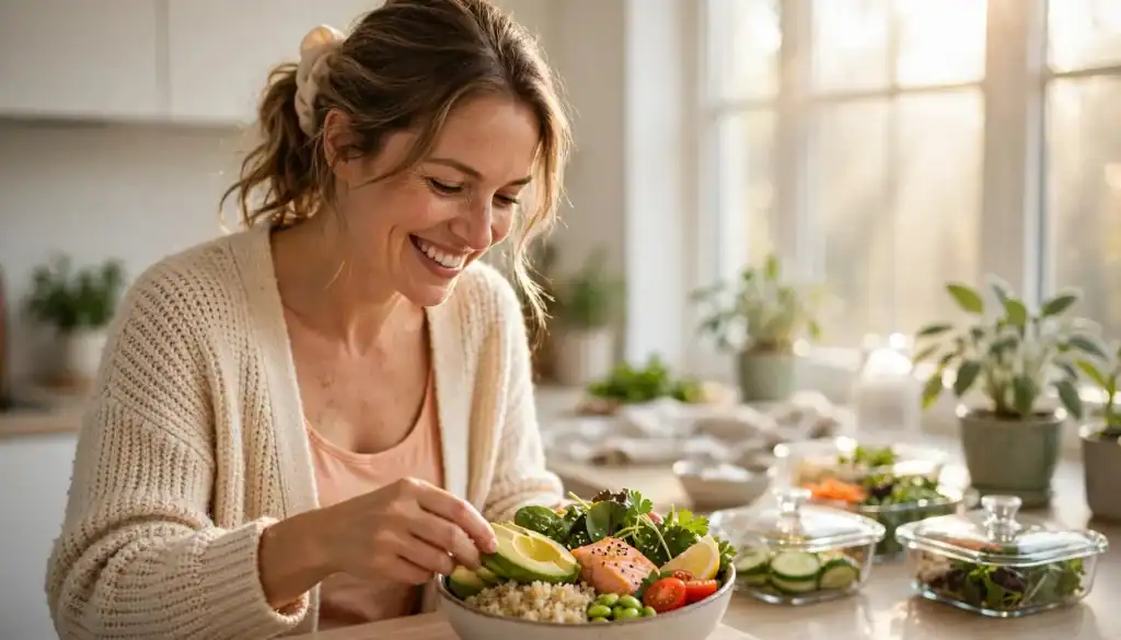 Woman over 30 enjoying a healthy meal prep bowl with salmon and avocado
