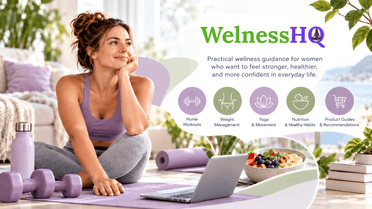WellnessHQ home workouts and weight loss guide for women over 30 featuring yoga, nutrition, and fitness plans.