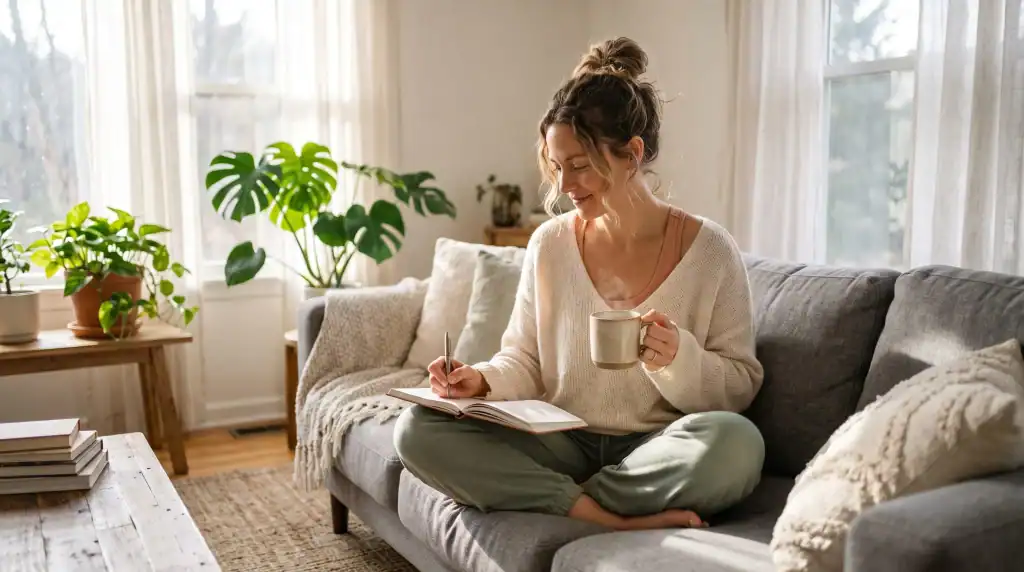 A peaceful woman sitting comfortably on a living room sofa holding tea and writing in a wellness journal in soft morning light.